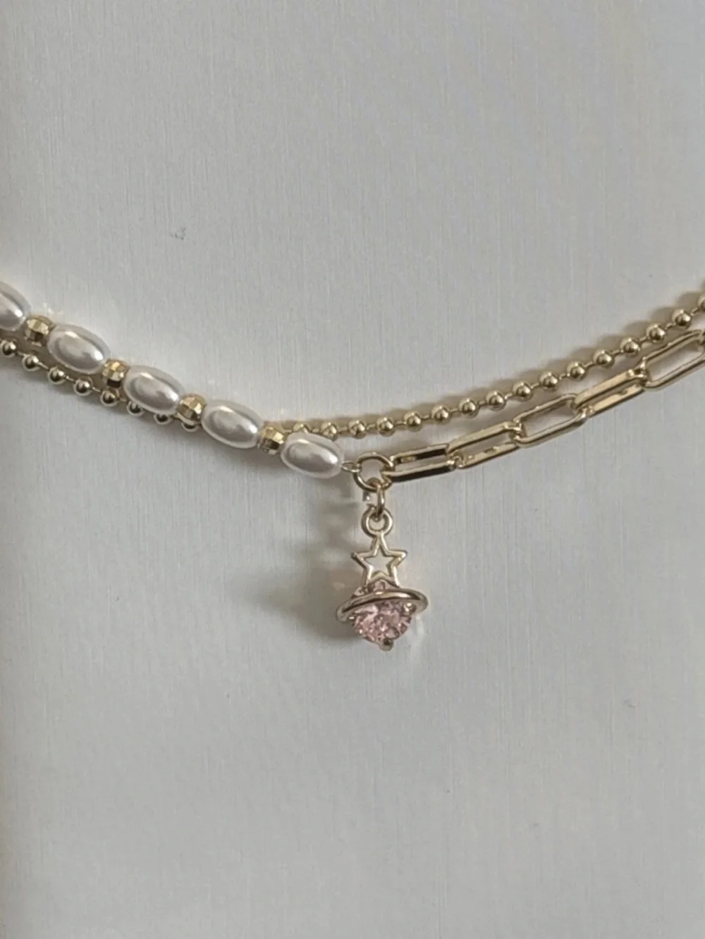 Gold Plated Layered Bracelet Faux Pearl Chain Pink CZ Celestial Charm Adjustable - Picture 6 of 11